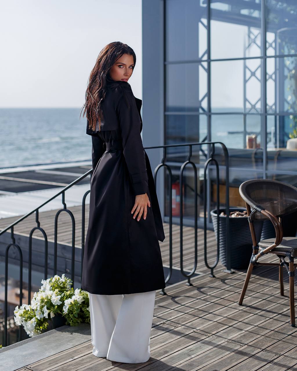 trinarosh Black Double-Breasted Belted Trench Coat