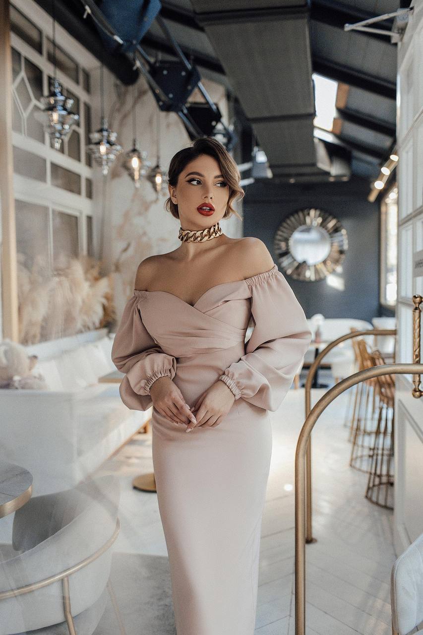 trinarosh Beige Puff-Sleeve Midi Dress