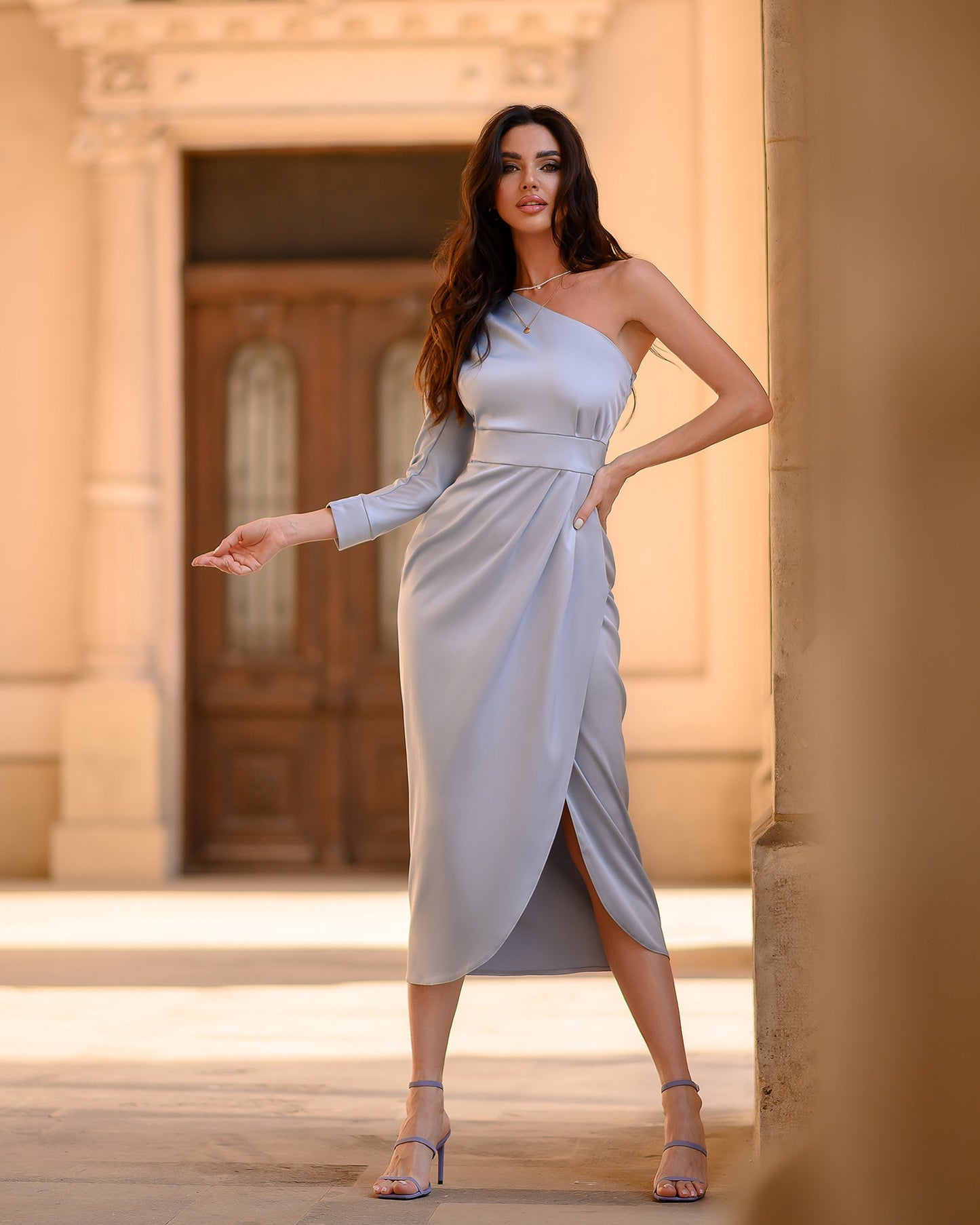 trinarosh Silver One-Shoulder Satin Midi Dress