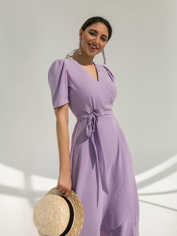 trinarosh Lavender Wrap Short Sleeve Midi Dress