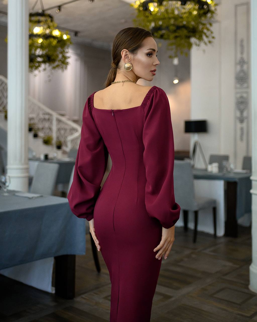 trinarosh Burgundy Puff-Sleeve Midi Dress