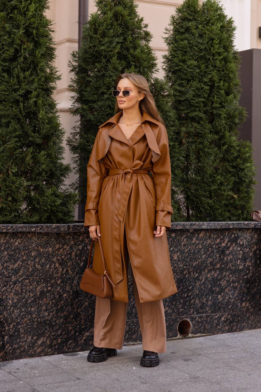 trinarosh Brown Leather Belted Trench Coat