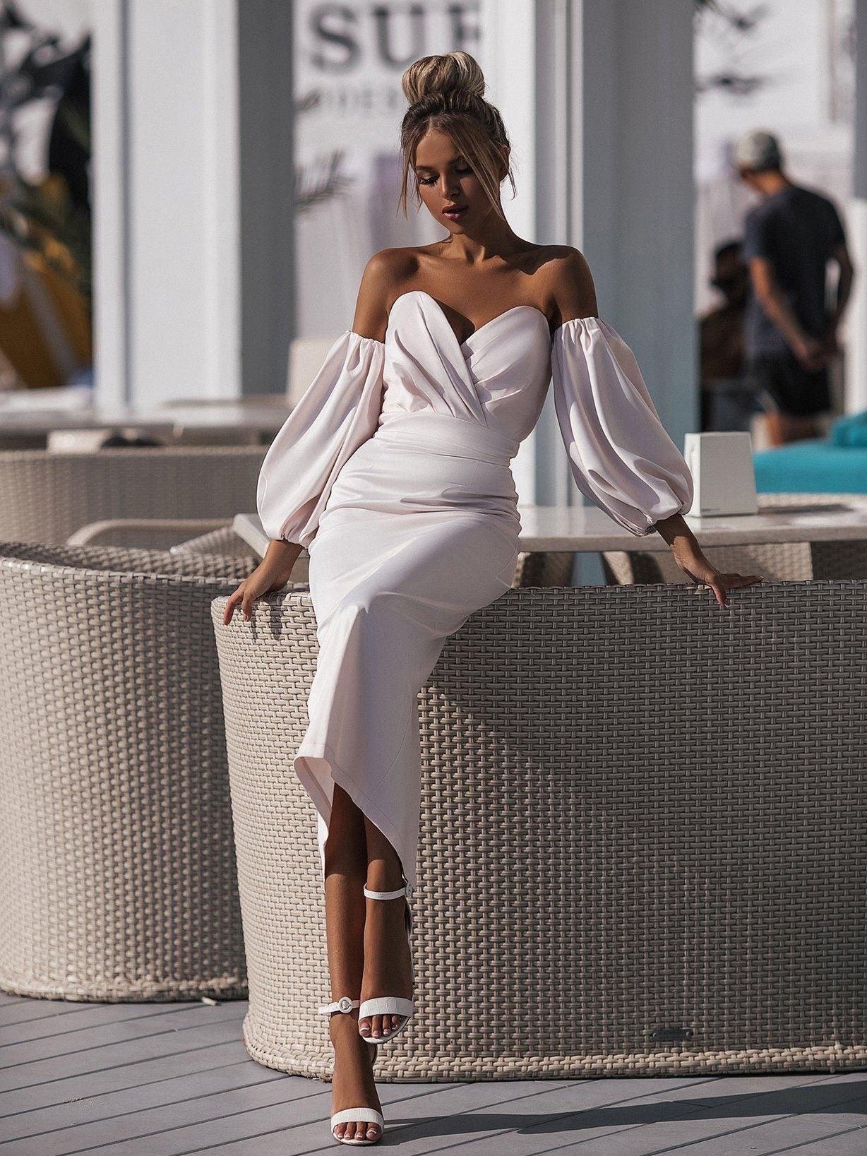 trinarosh Pear-White Puffed Sleeve Midi Prom Dress