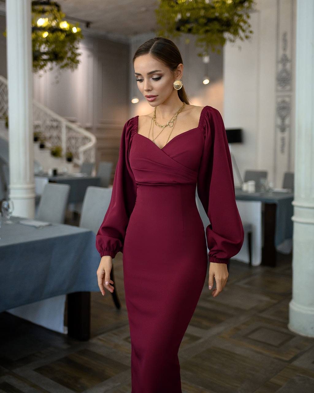 trinarosh Burgundy Puff-Sleeve Midi Dress