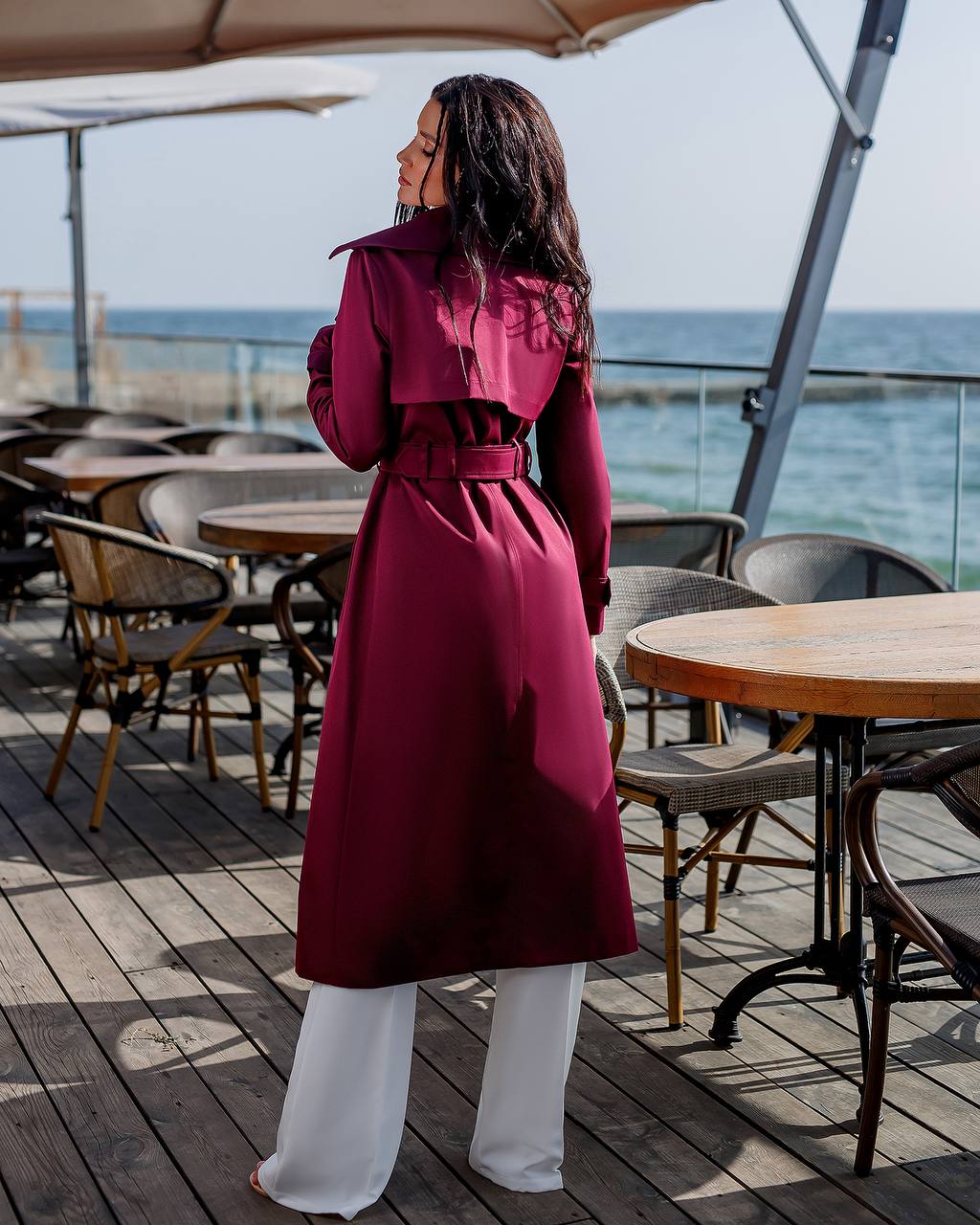 trinarosh Bordeaux Double-Breasted Belted Trench Coat