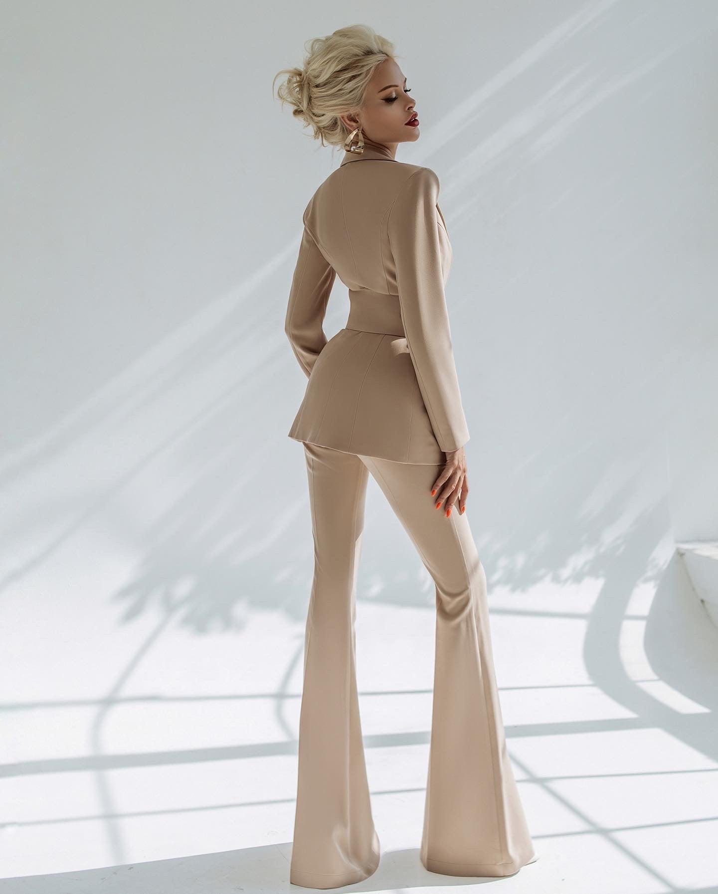 trinarosh Beige Classic Flared Trouser Suit