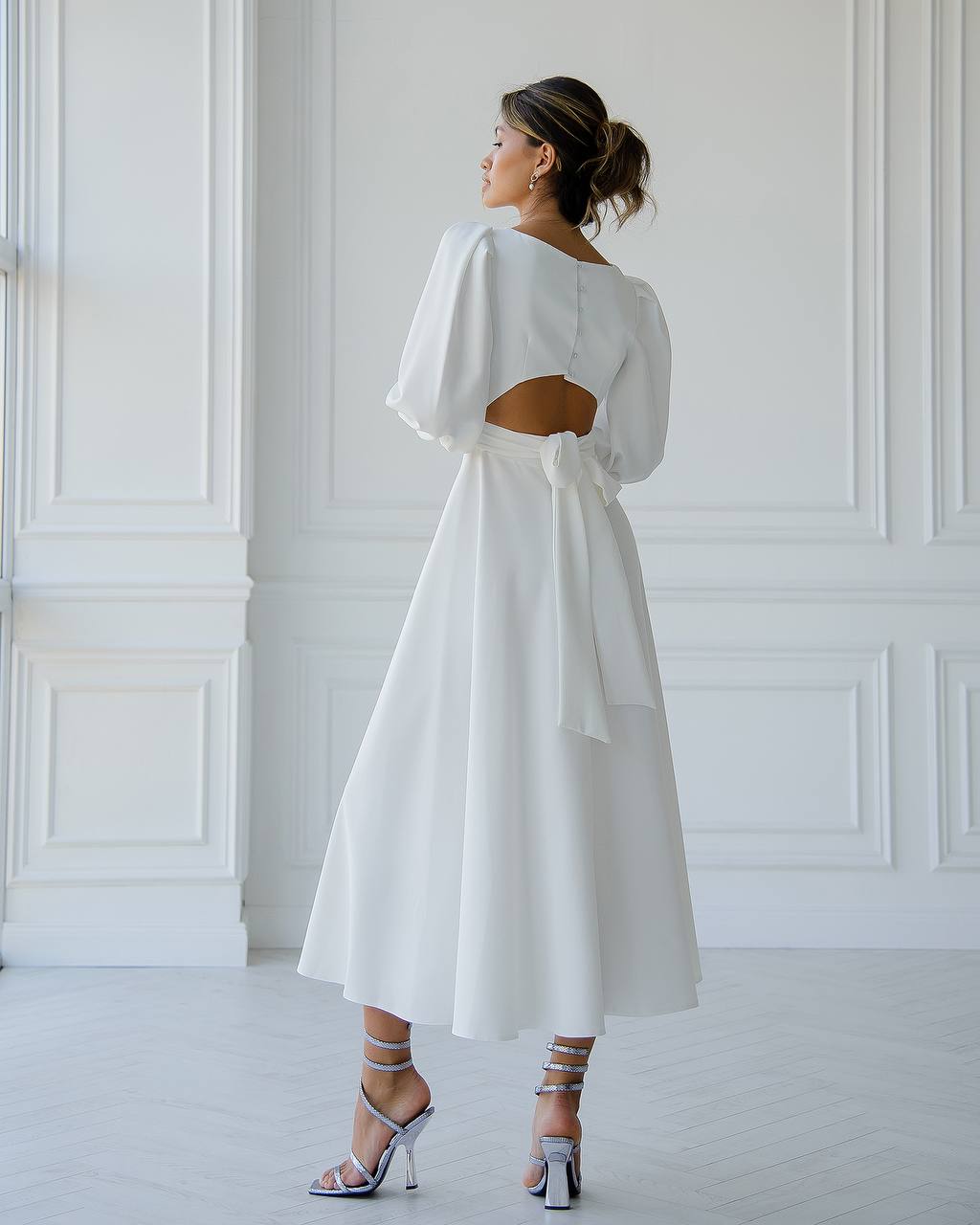 White Backless Puff Sleeve Midi Dress trinarosh White Backless Puff Sleeve Midi Dress trinarosh