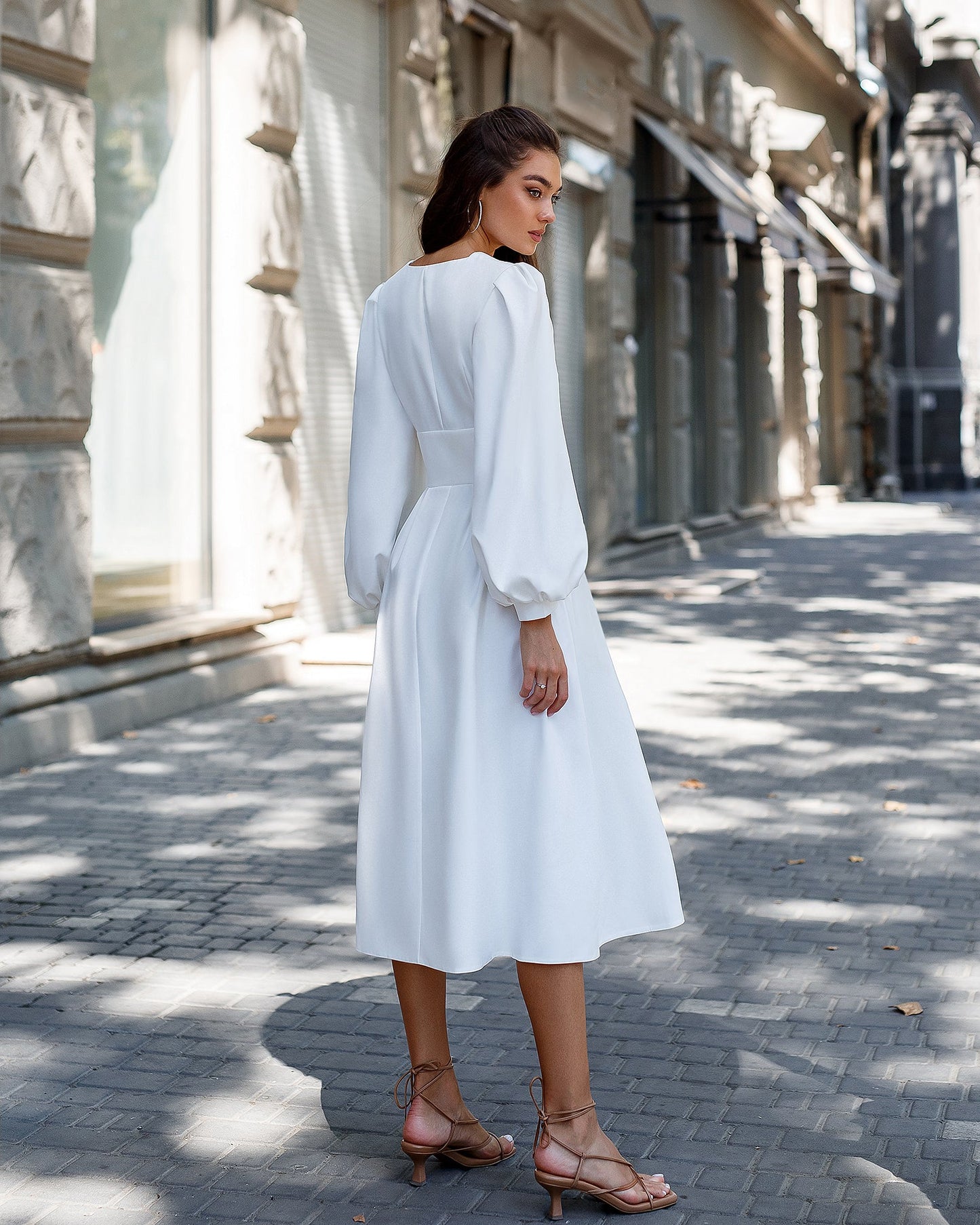 trinarosh White V-Neck Puff-Sleeve Midi Dress