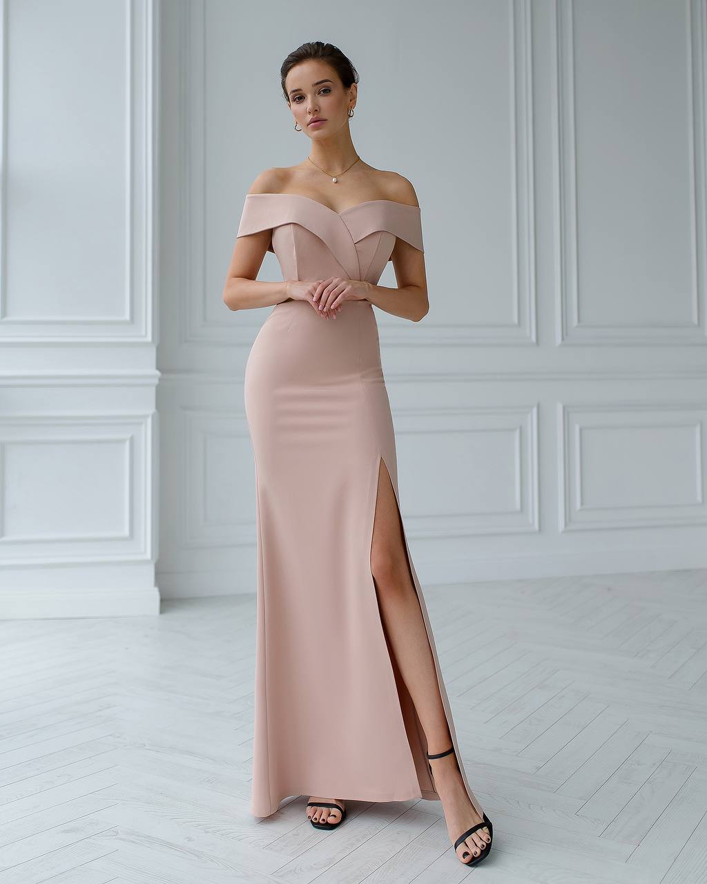 Beige Corseted Leg Slit Maxi Dress trinarosh Beige Corseted Leg Slit Maxi Dress trinarosh
