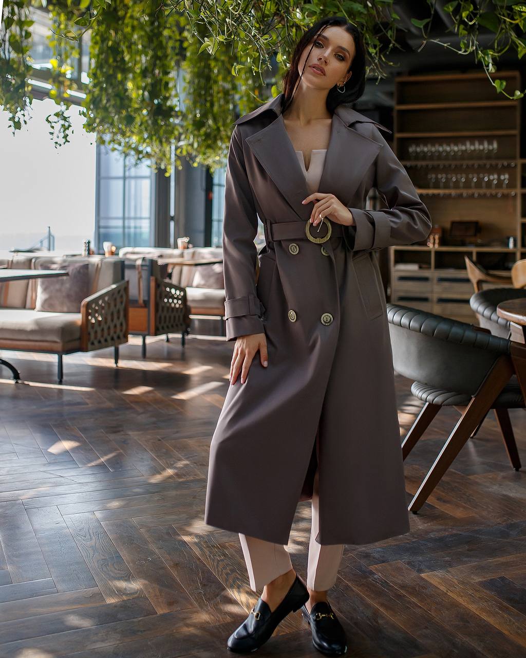 trinarosh Brown Double-Breasted Belted Trench Coat