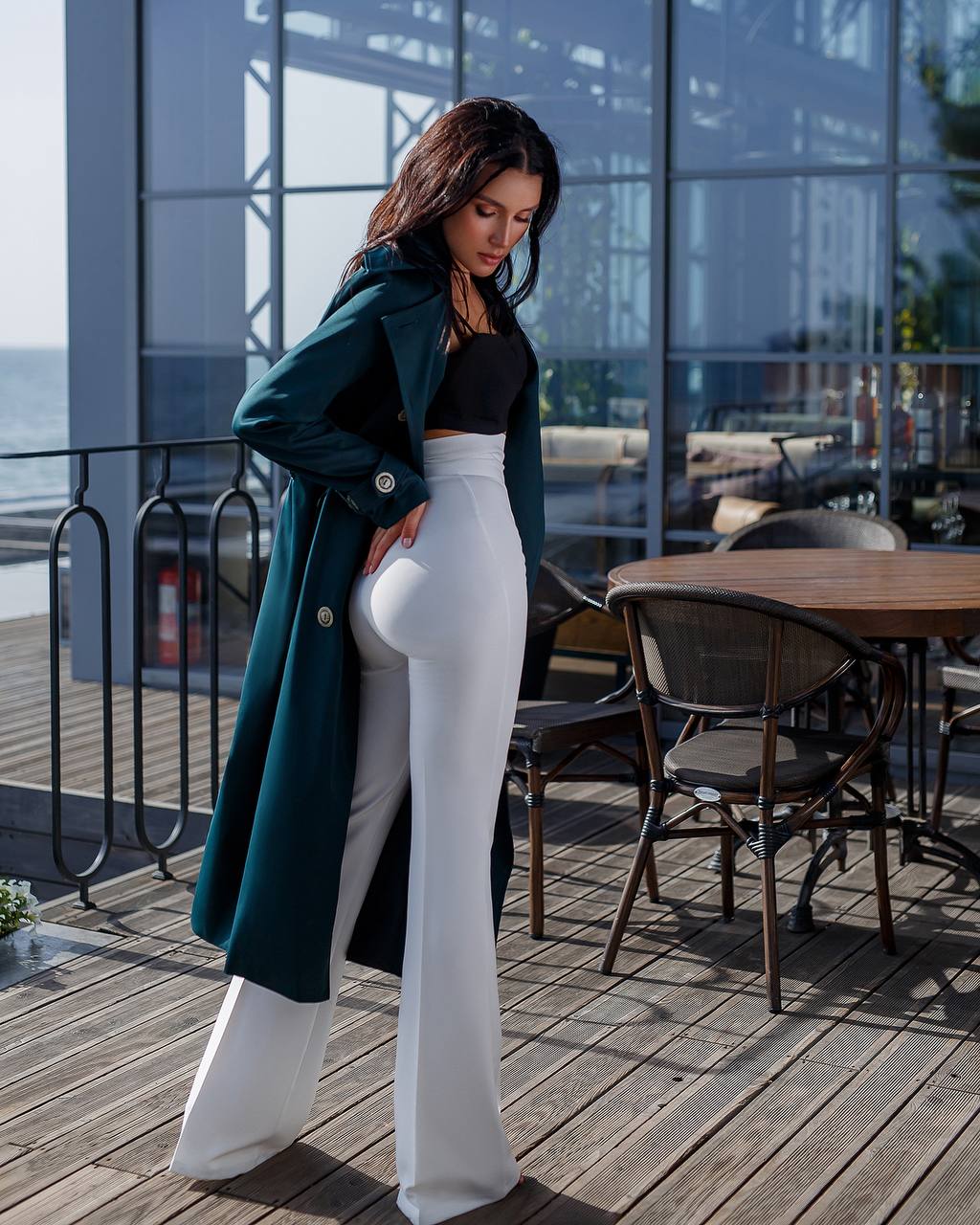 trinarosh Dark Green Double-Breasted Belted Trench Coat