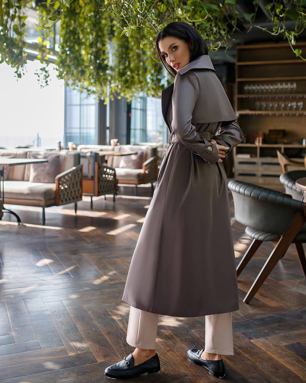 trinarosh Brown Double-Breasted Belted Trench Coat