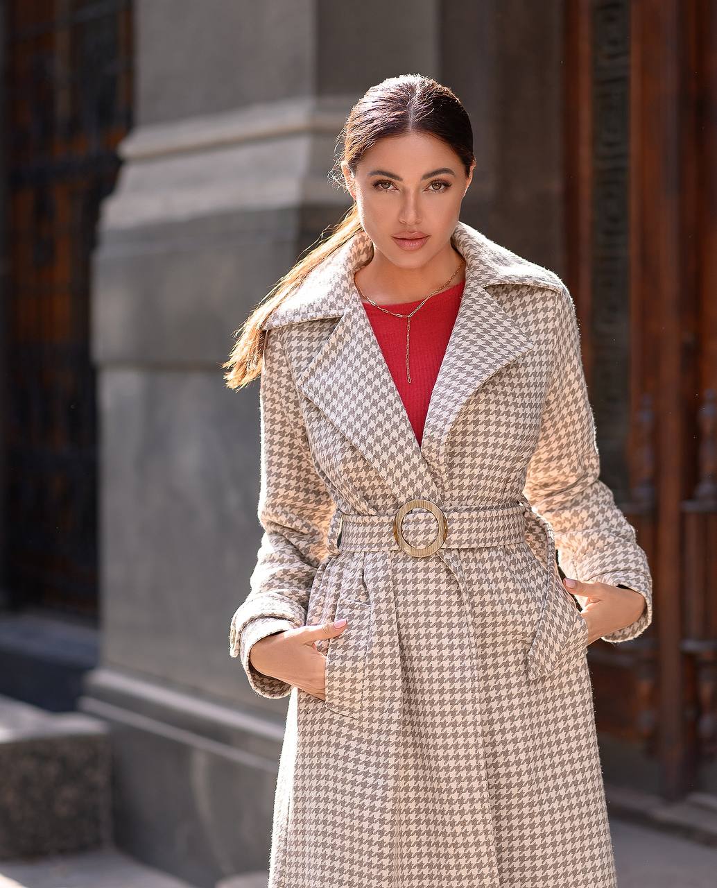 trinarosh Casual Mustard Checked Belted Coat