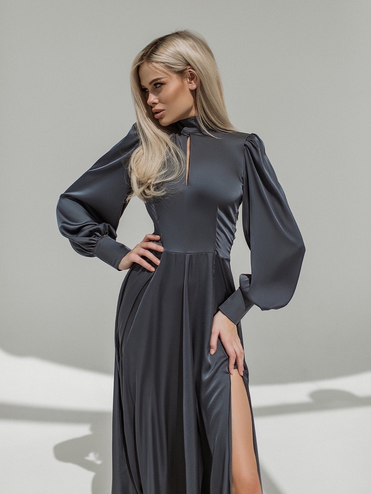 trinarosh Graphite Silk Long Sleeve Maxi Dress