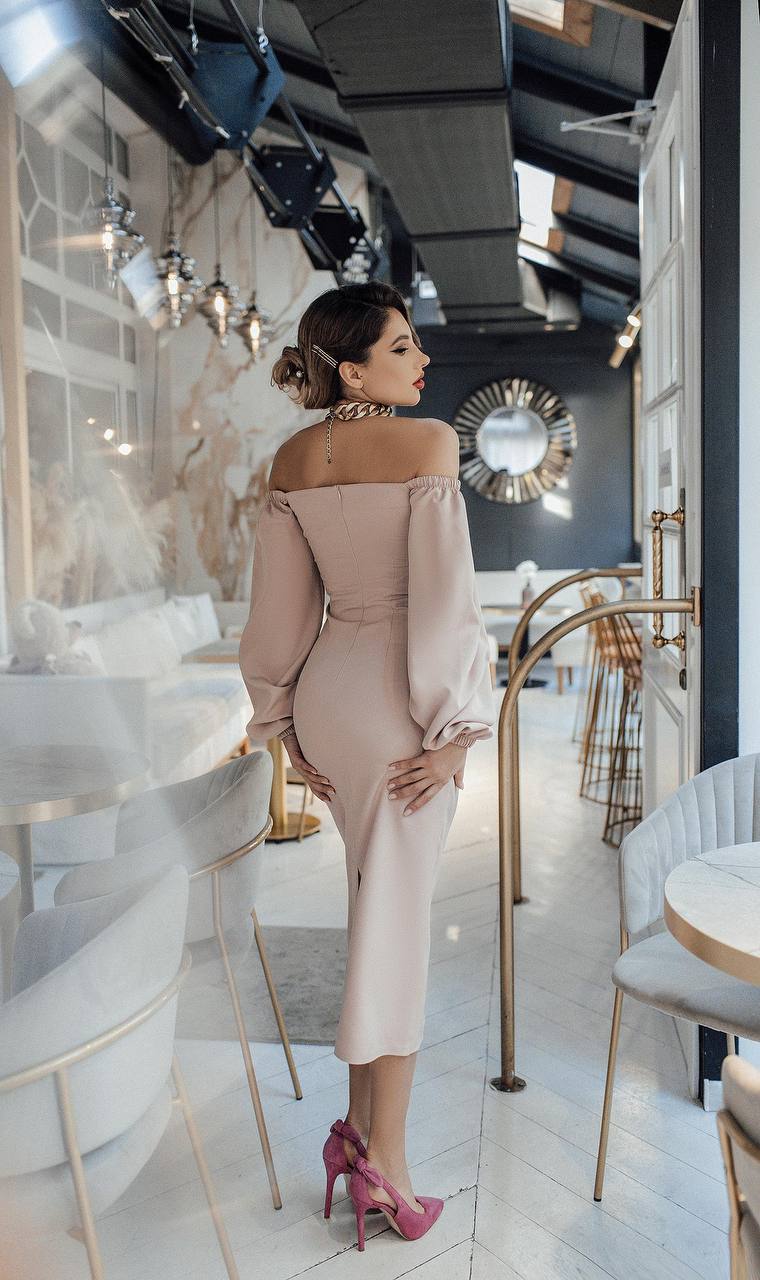 trinarosh Beige Puff-Sleeve Midi Dress