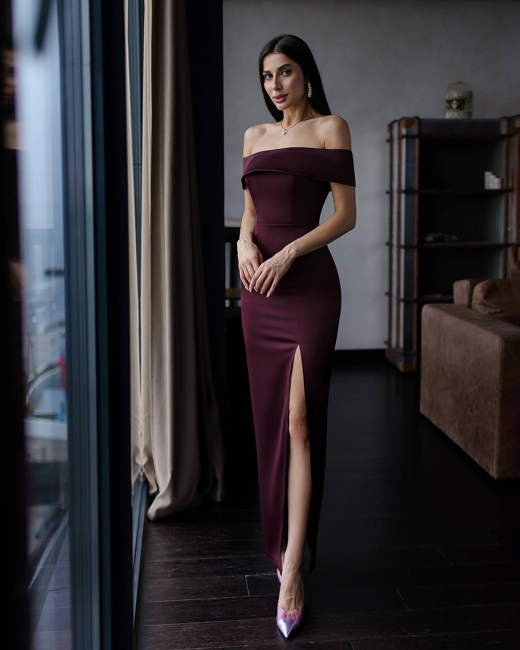 Bordeaux Satin Off-the-shoulder Maxi Dress trinarosh Bordeaux Satin Off-the-shoulder Maxi Dress trinarosh