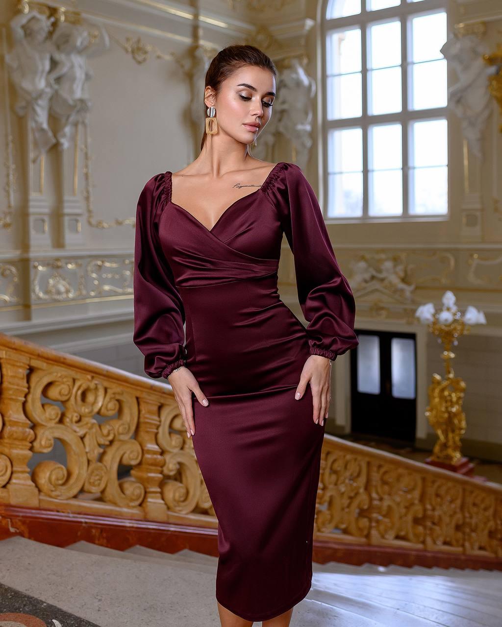 trinarosh Satin Puff-Sleeve Midi Dress
