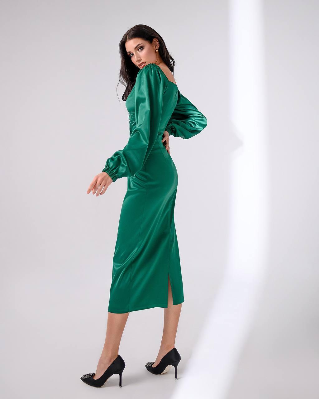 trinarosh Satin Puff-Sleeve Midi Dress