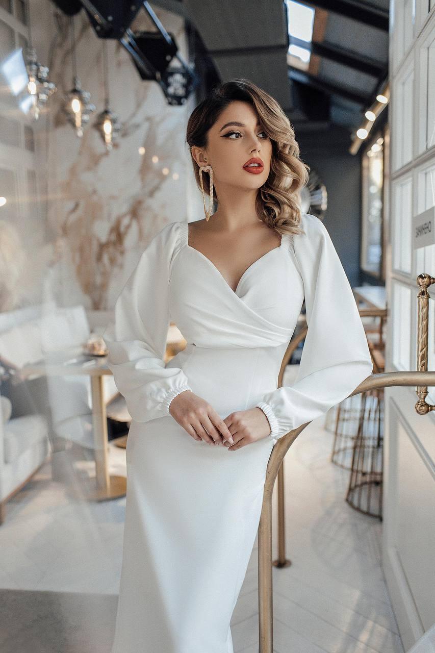 trinarosh White Puff-Sleeve Midi Dress