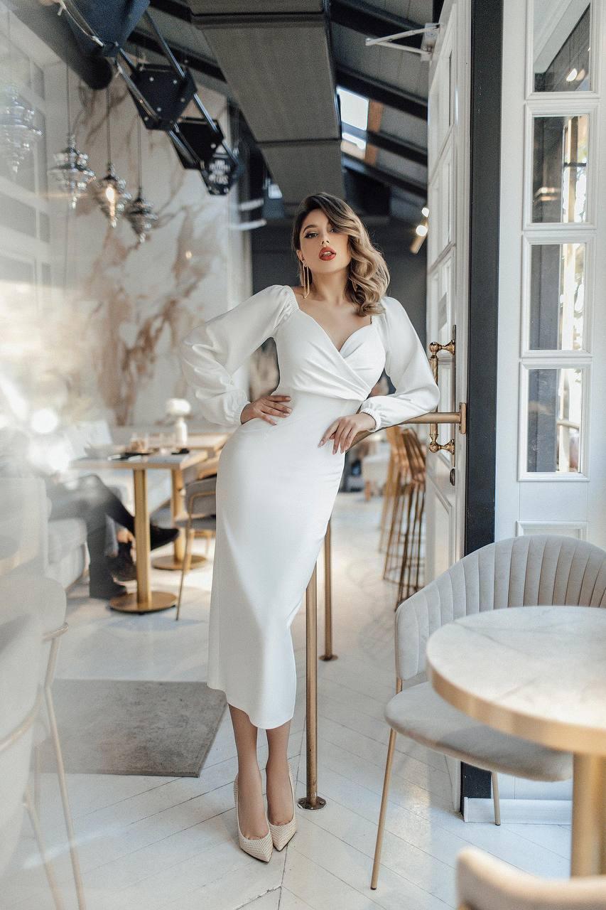 trinarosh White Puff-Sleeve Midi Dress