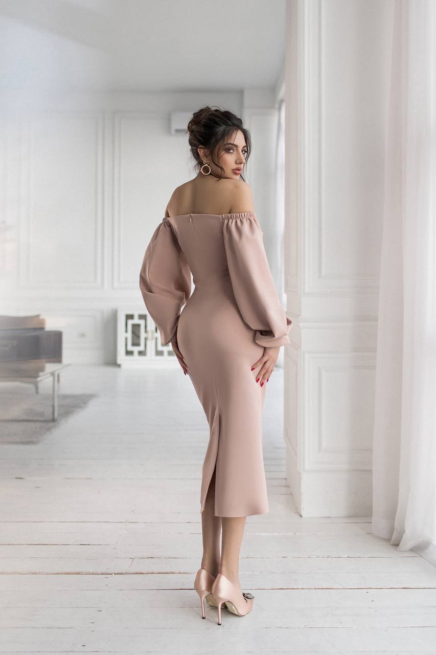 trinarosh Beige Puff-Sleeve Midi Dress