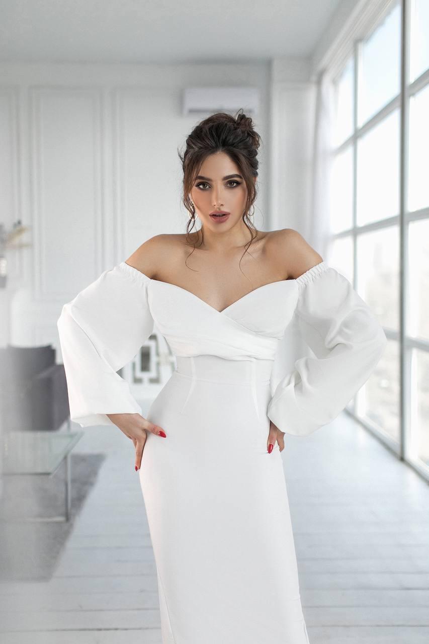 trinarosh White Puff-Sleeve Midi Dress