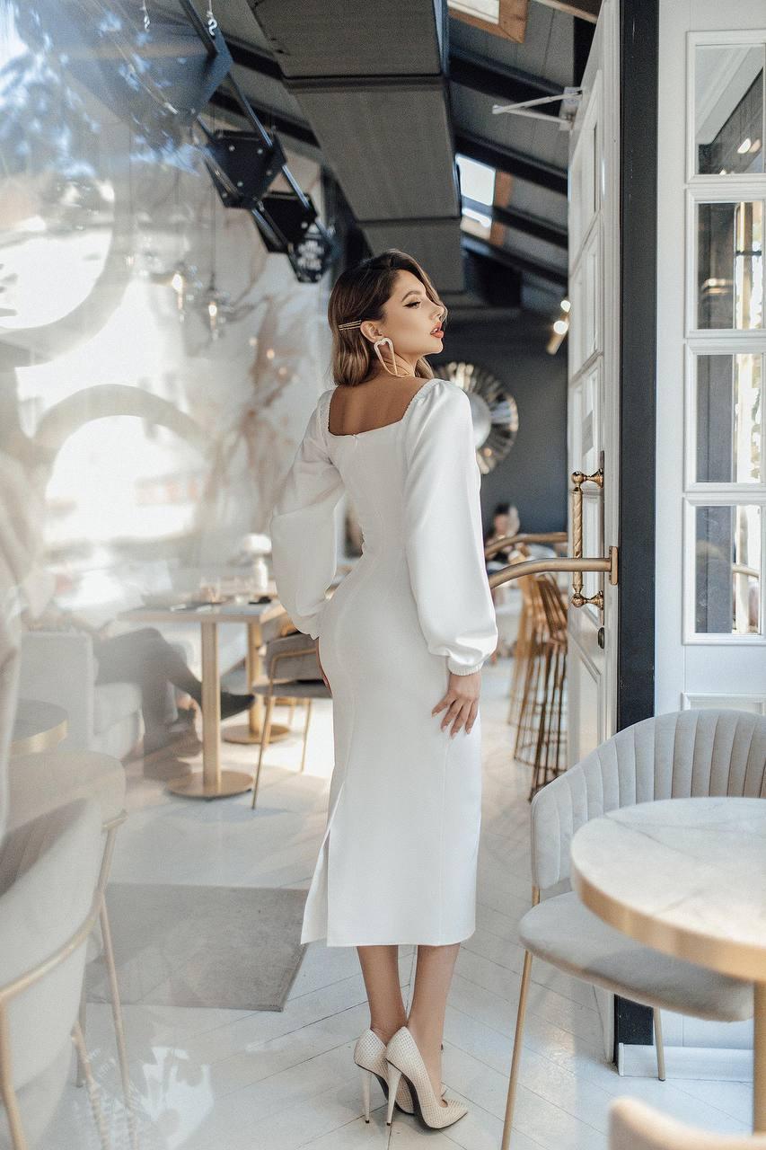 trinarosh White Puff-Sleeve Midi Dress