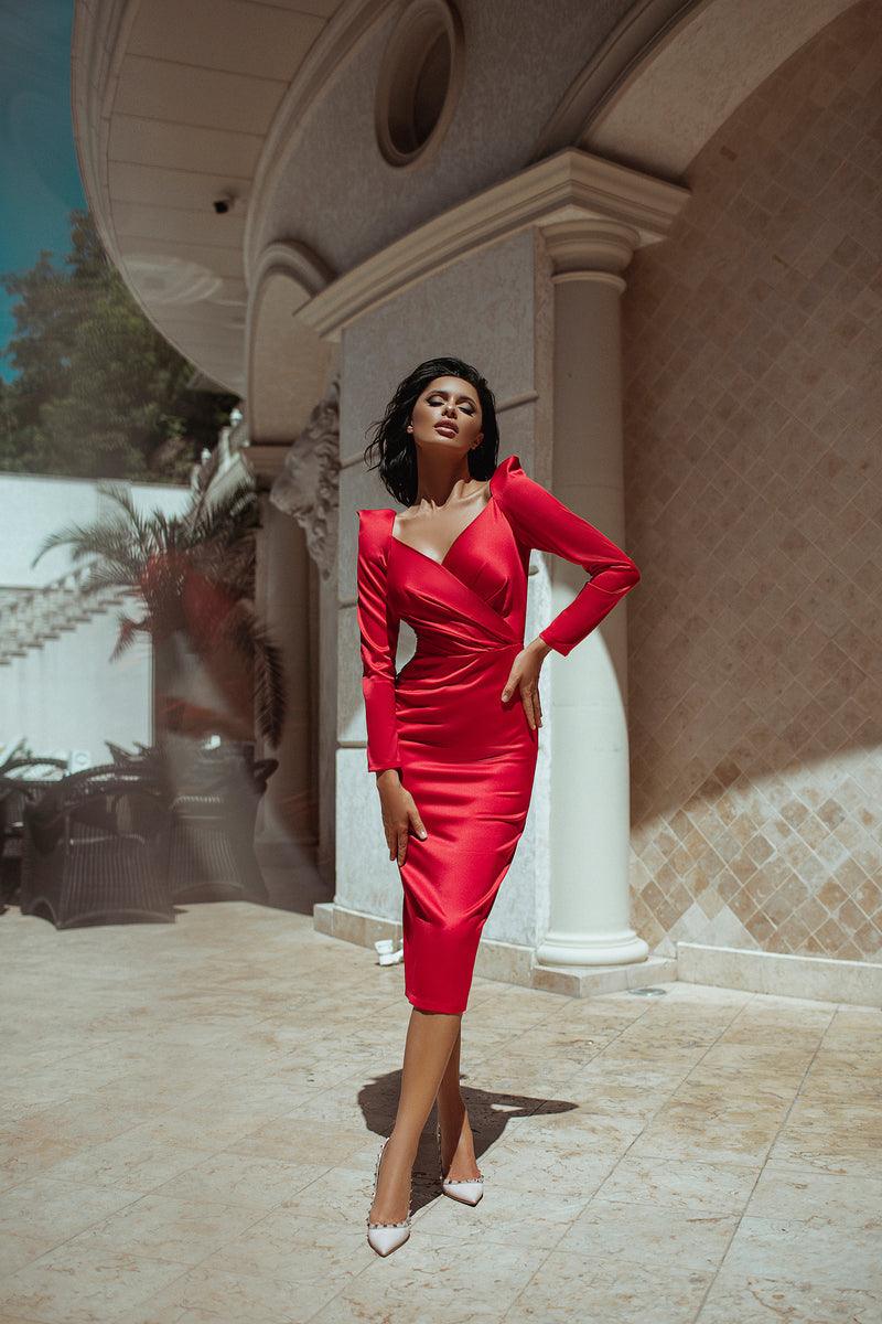 trinarosh Red Long Sleeve Midi Dress