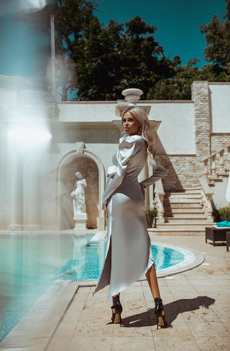 trinarosh Silver Puff Sleeve Wrap Dress