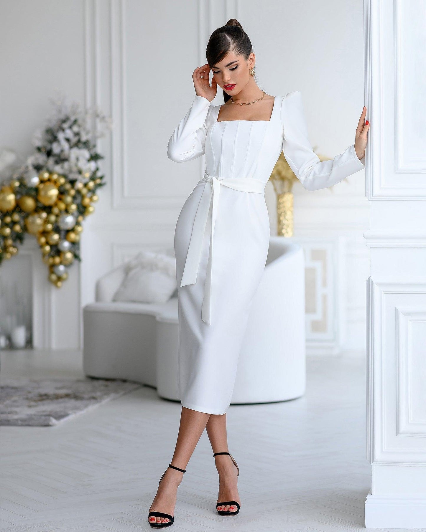 trinarosh Ivory Square Neck Puff-Sleeve Midi Dress