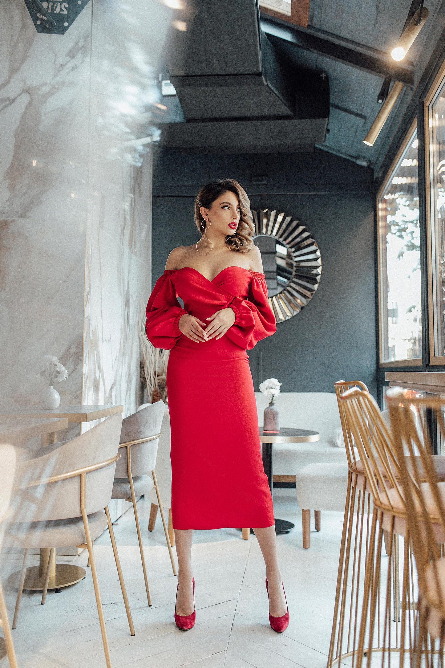 trinarosh Red Puff-Sleeve Midi Dress