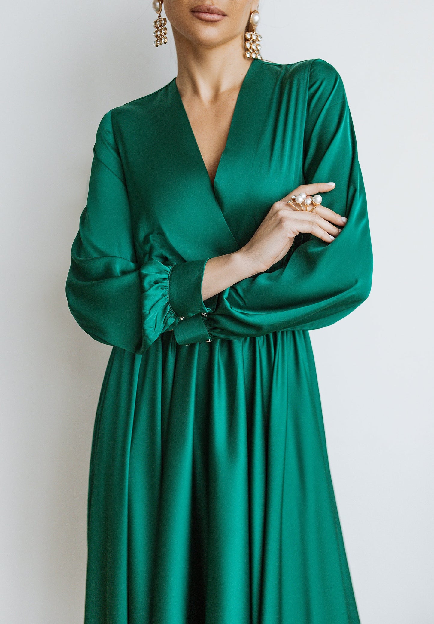 trinarosh Emerald Silk Long Sleeve Maxi Dress