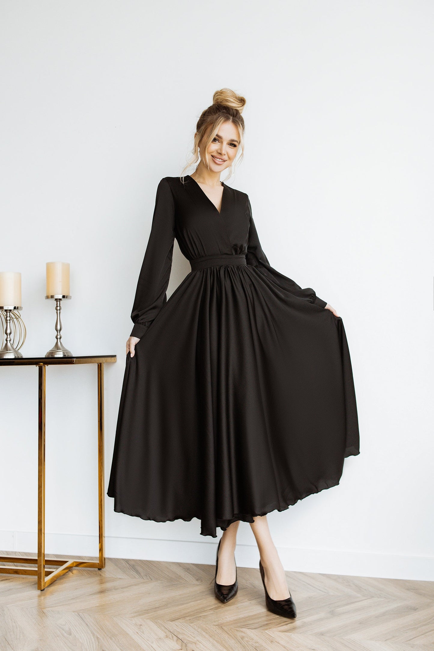trinarosh Black Silk Long Sleeve Maxi Dress
