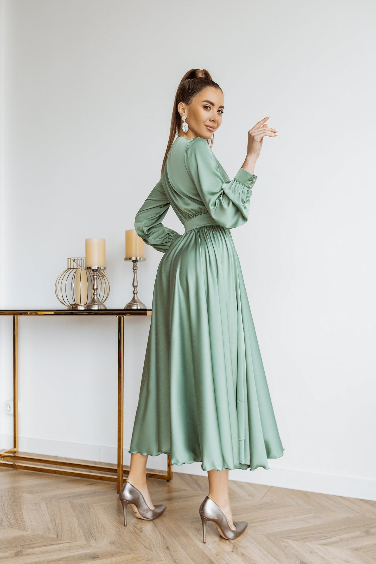 trinarosh Olive Silk Long Sleeve Maxi Dress