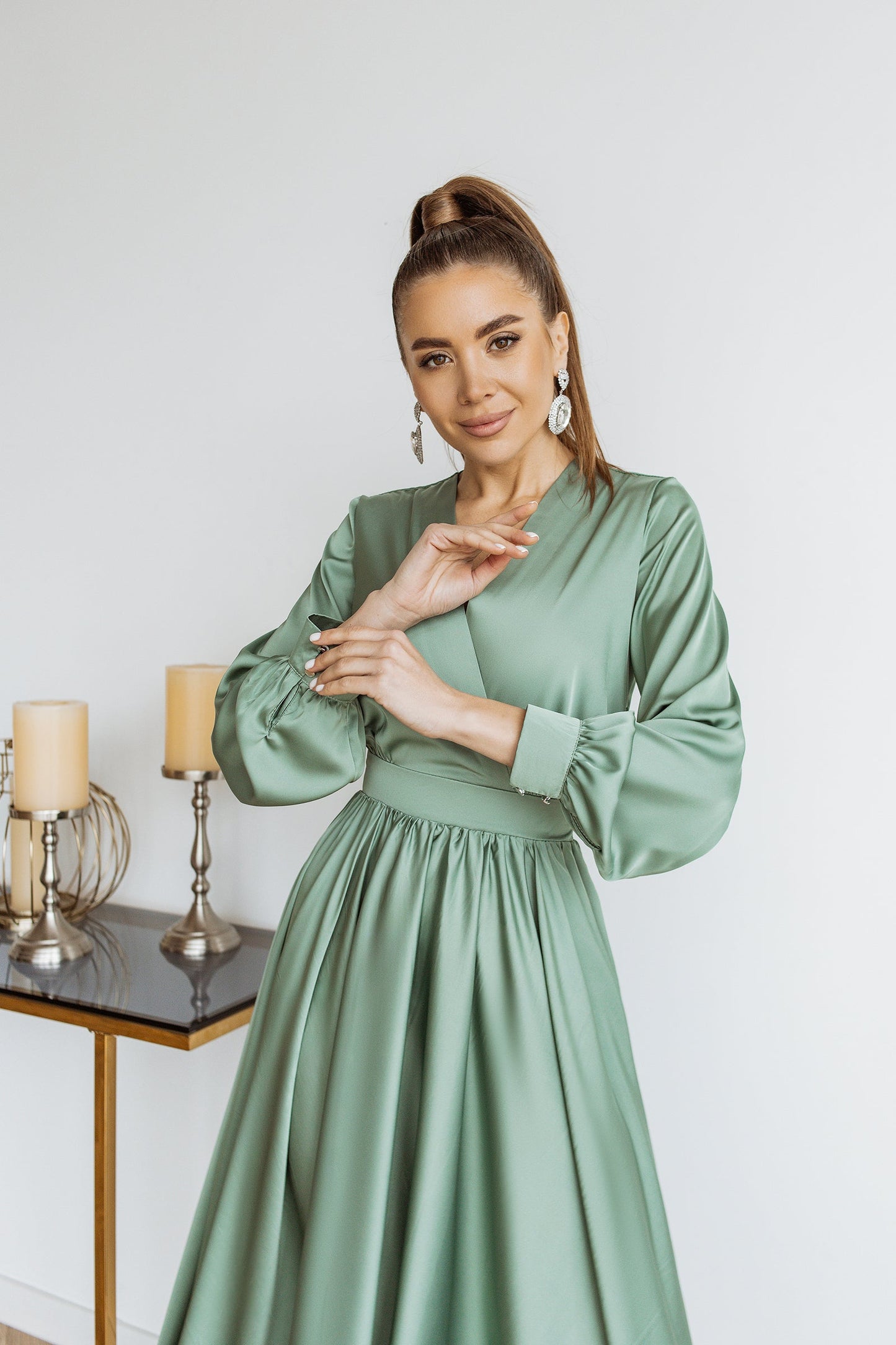 trinarosh Olive Silk Long Sleeve Maxi Dress