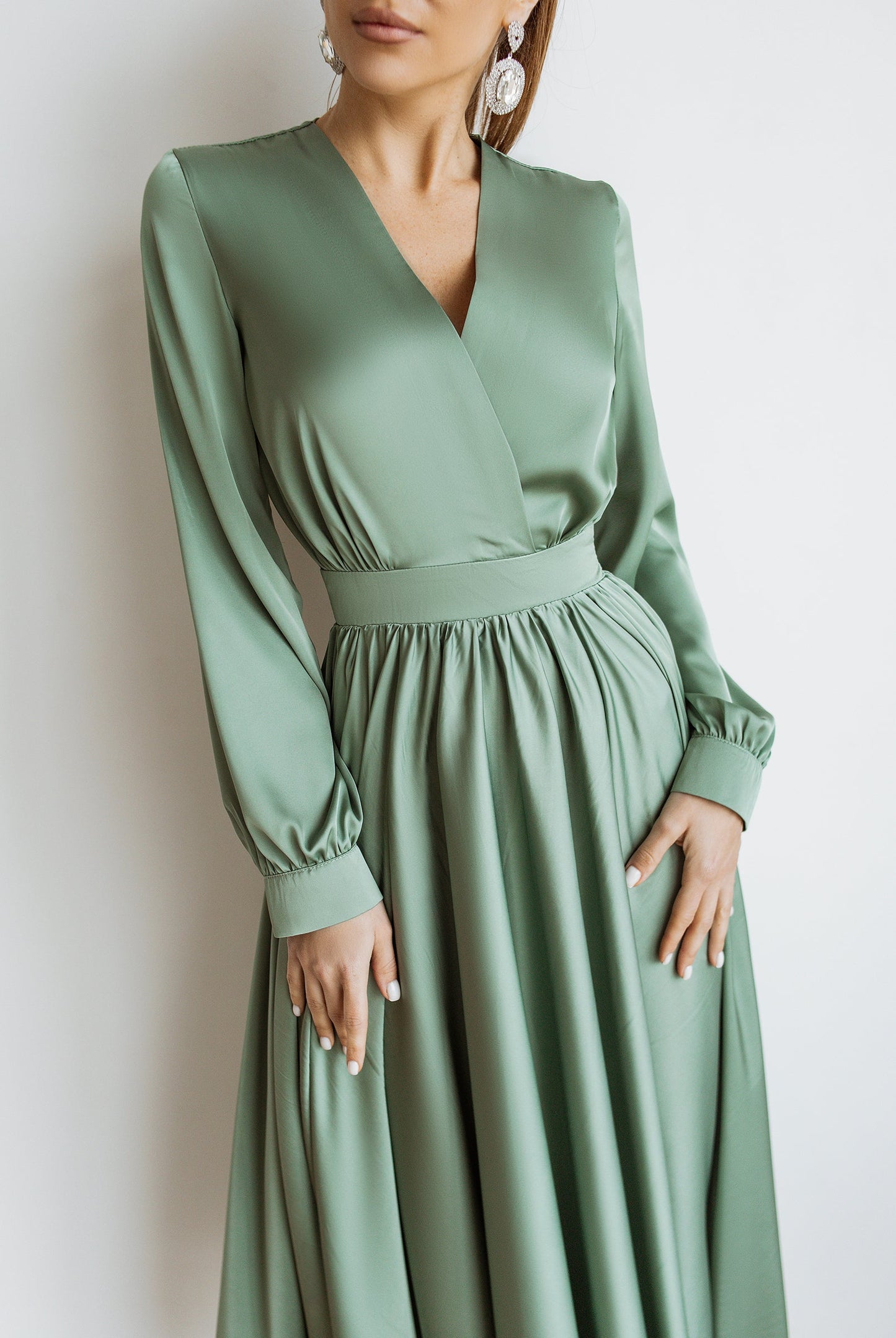 trinarosh Olive Silk Long Sleeve Maxi Dress
