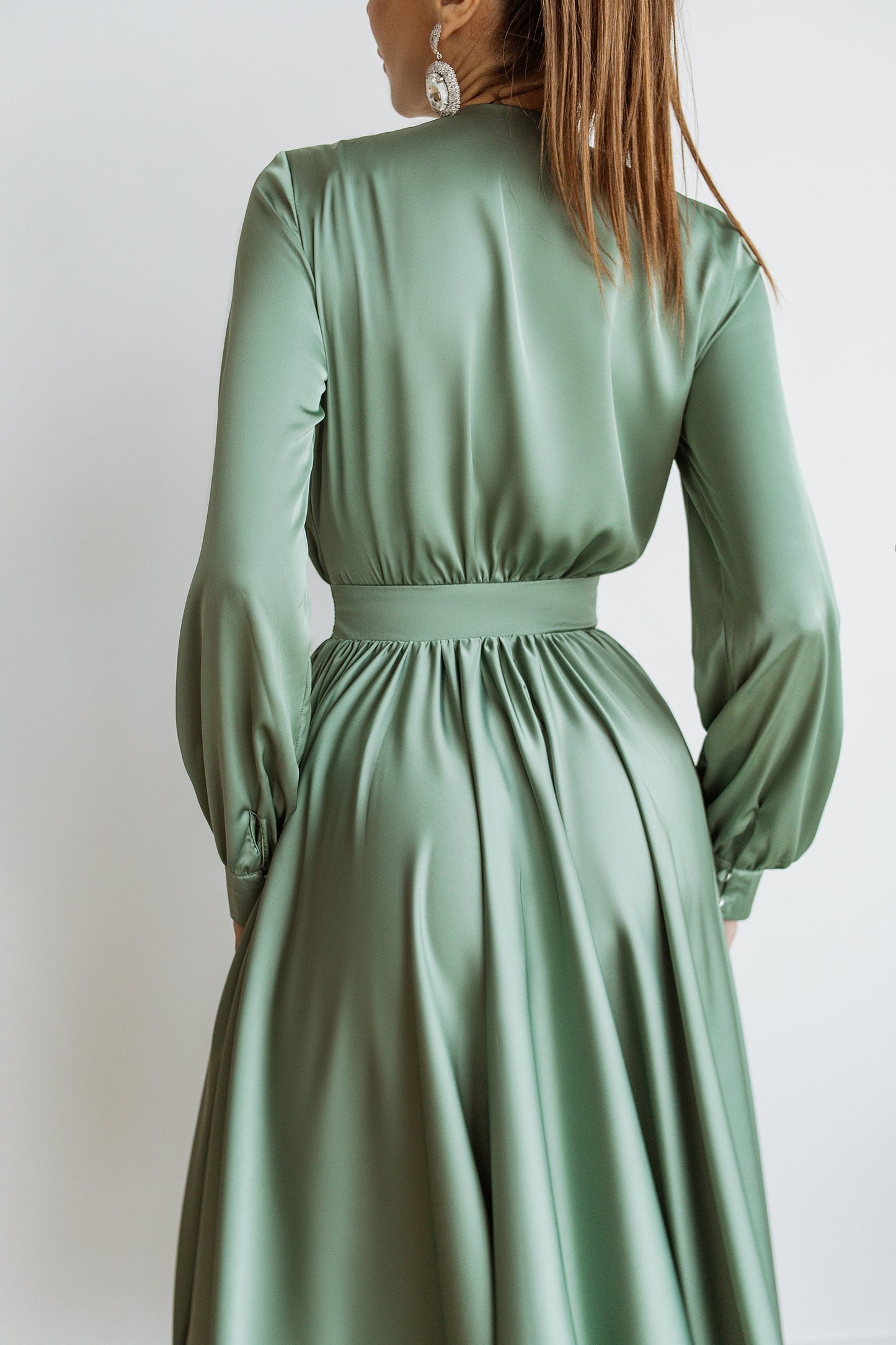 trinarosh Olive Silk Long Sleeve Maxi Dress