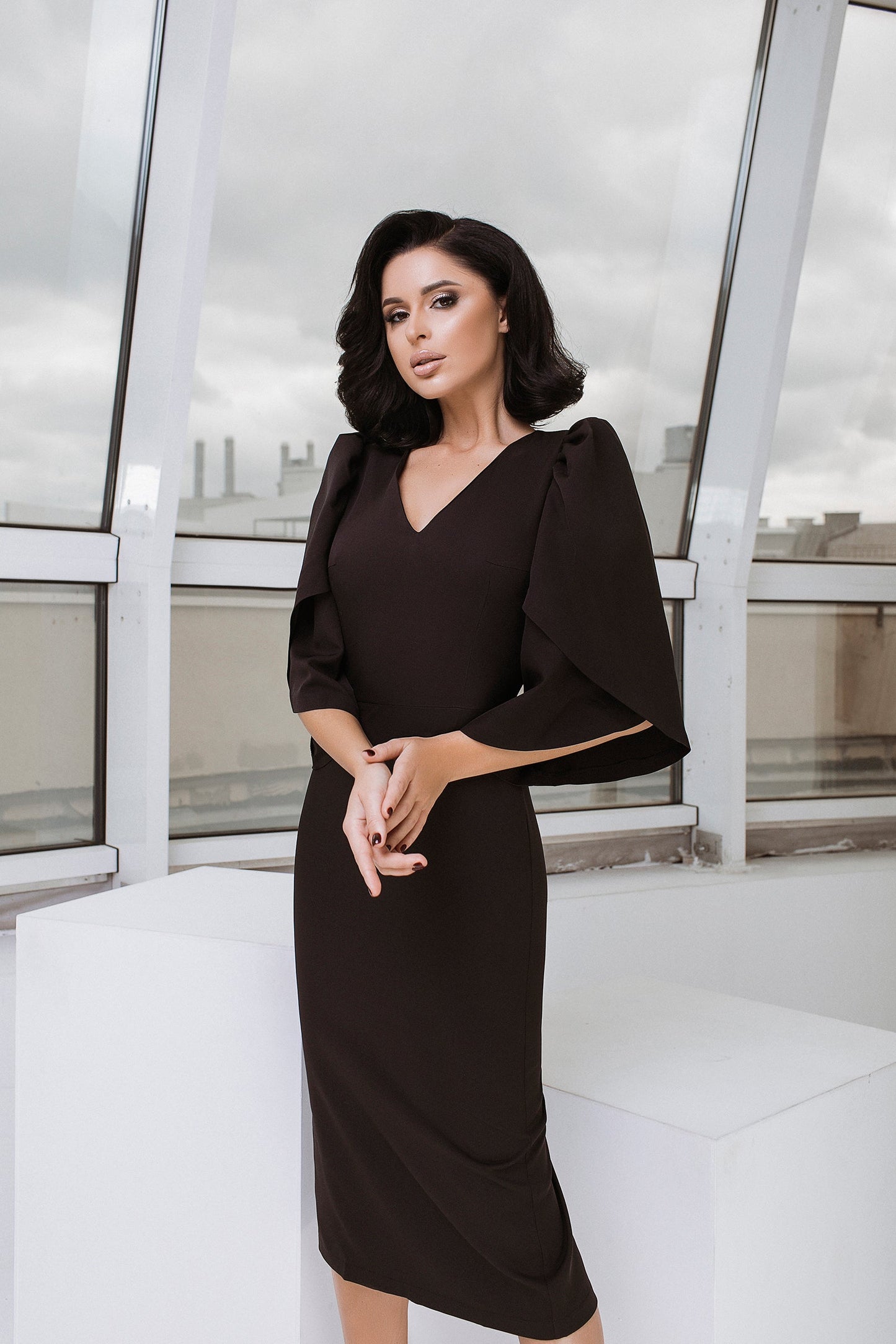 trinarosh Black V-Neck Bell Sleeve Midi Dress