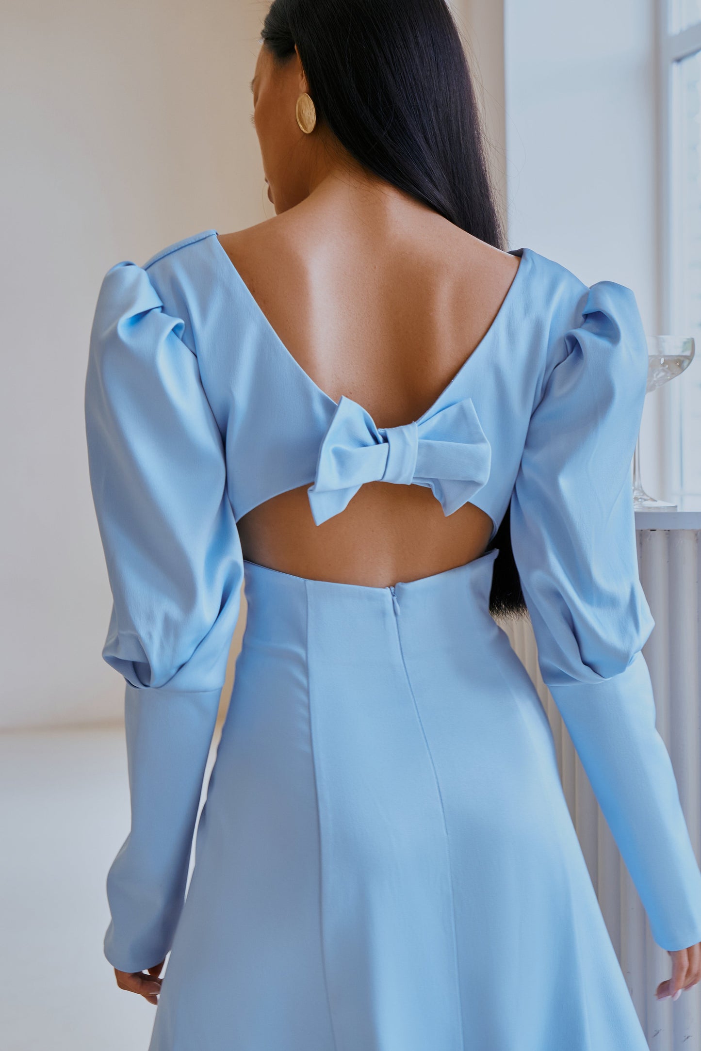 trinarosh Sky-Blue Satin Bow Back Midi Dress