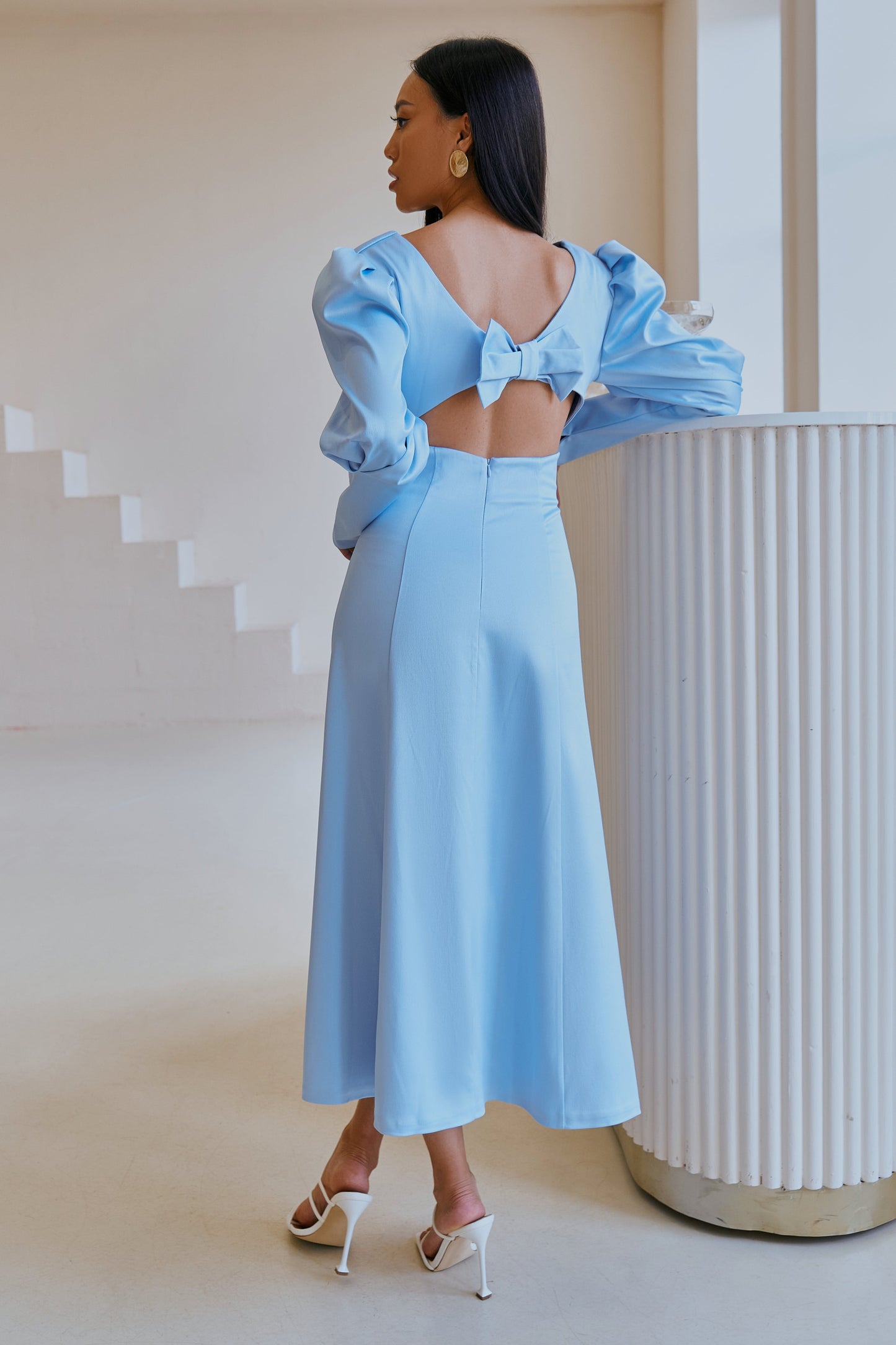 trinarosh Sky-Blue Satin Bow Back Midi Dress