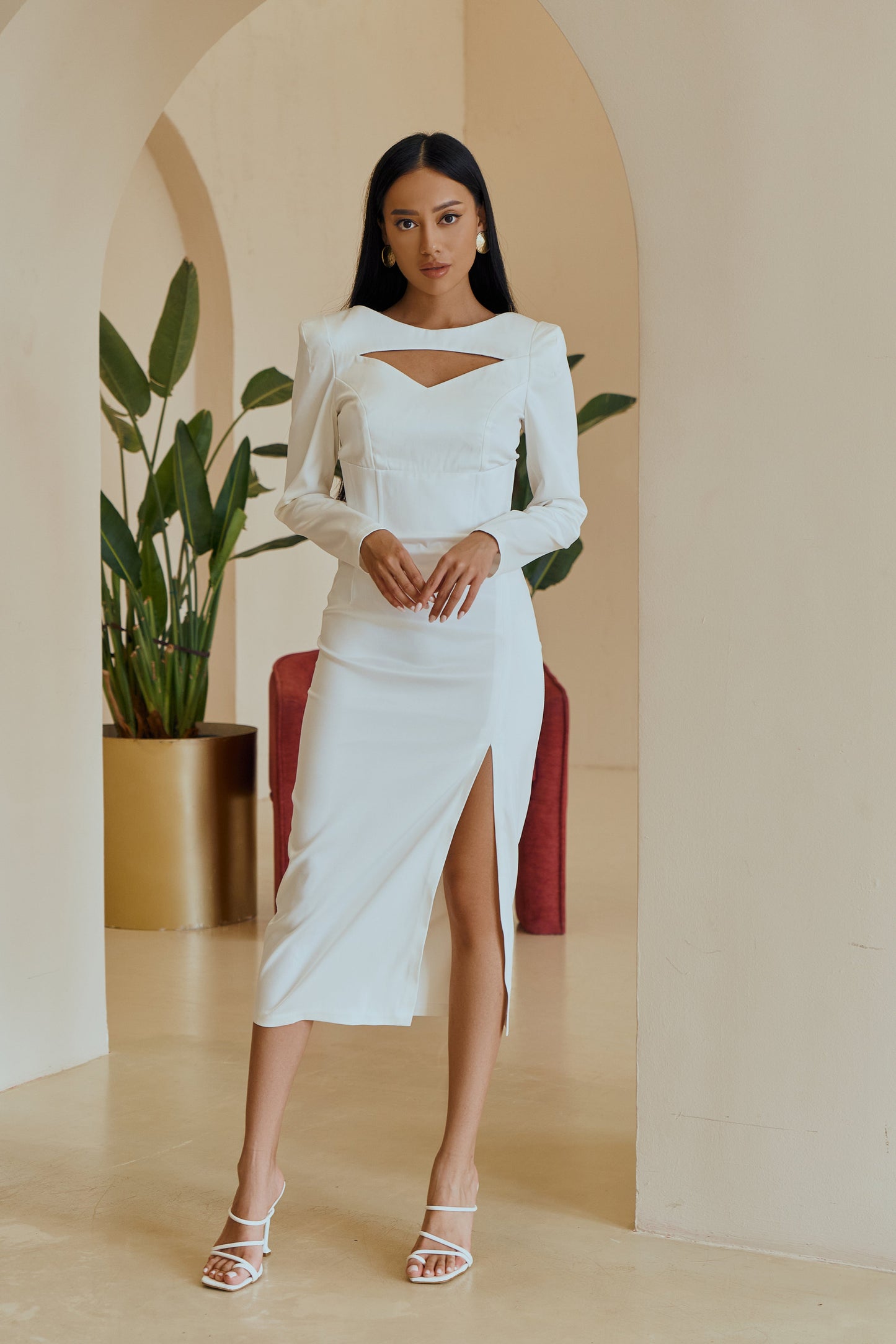 trinarosh White Satin Long Sleeve Midi Dress