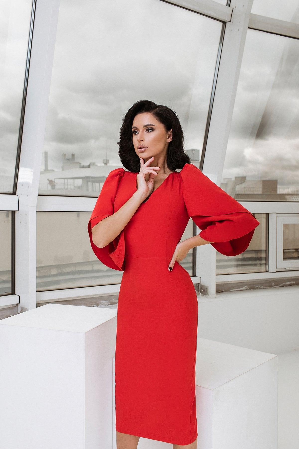 trinarosh Red V-Neck Bell Sleeve Midi Dress