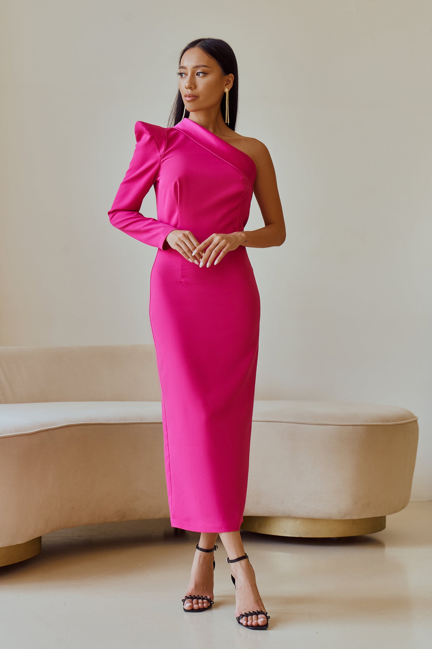 trinarosh Crimson One-Shoulder Belted Midi Dress