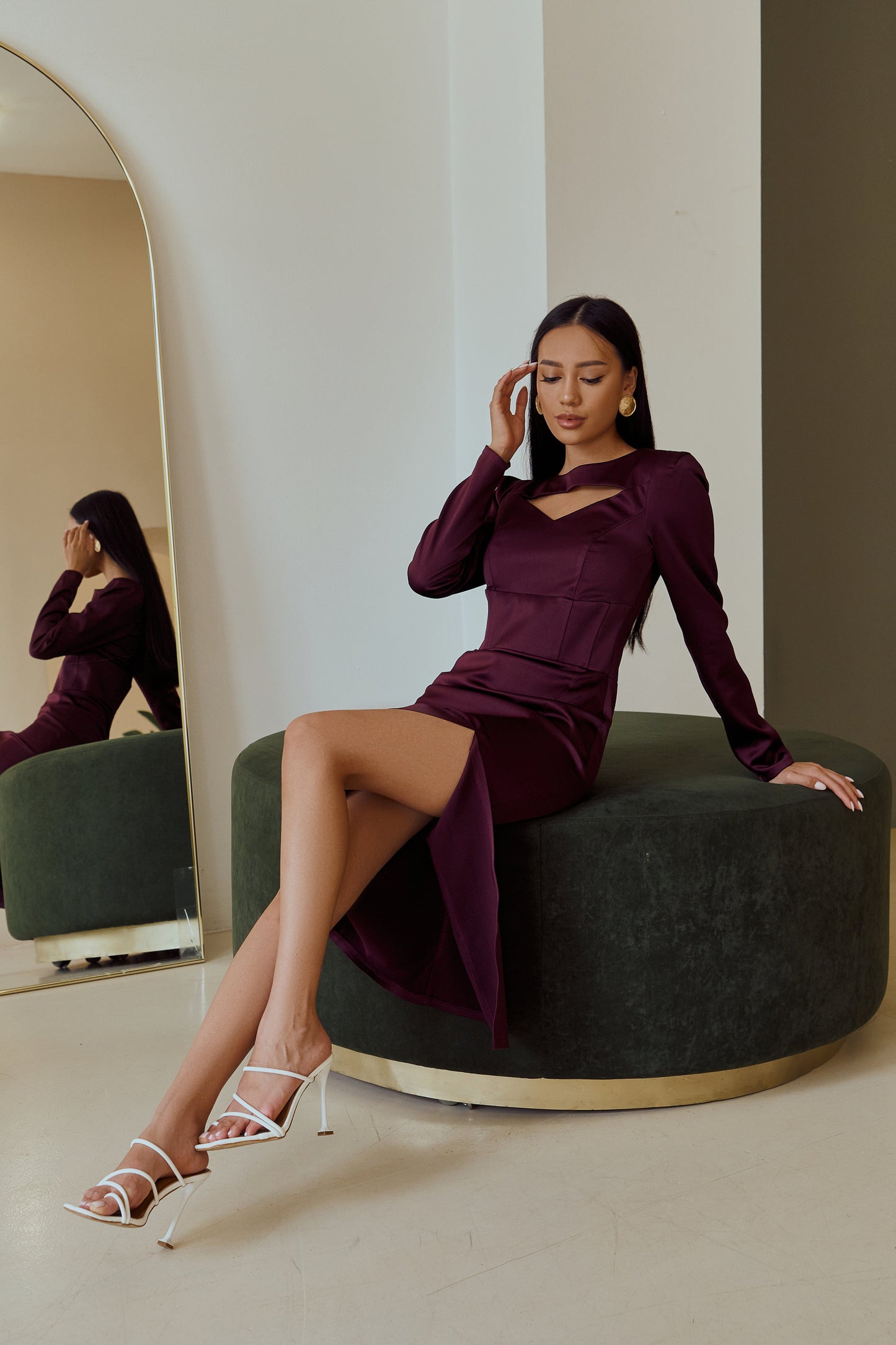 trinarosh Bordeaux Satin Long Sleeve Midi Dress