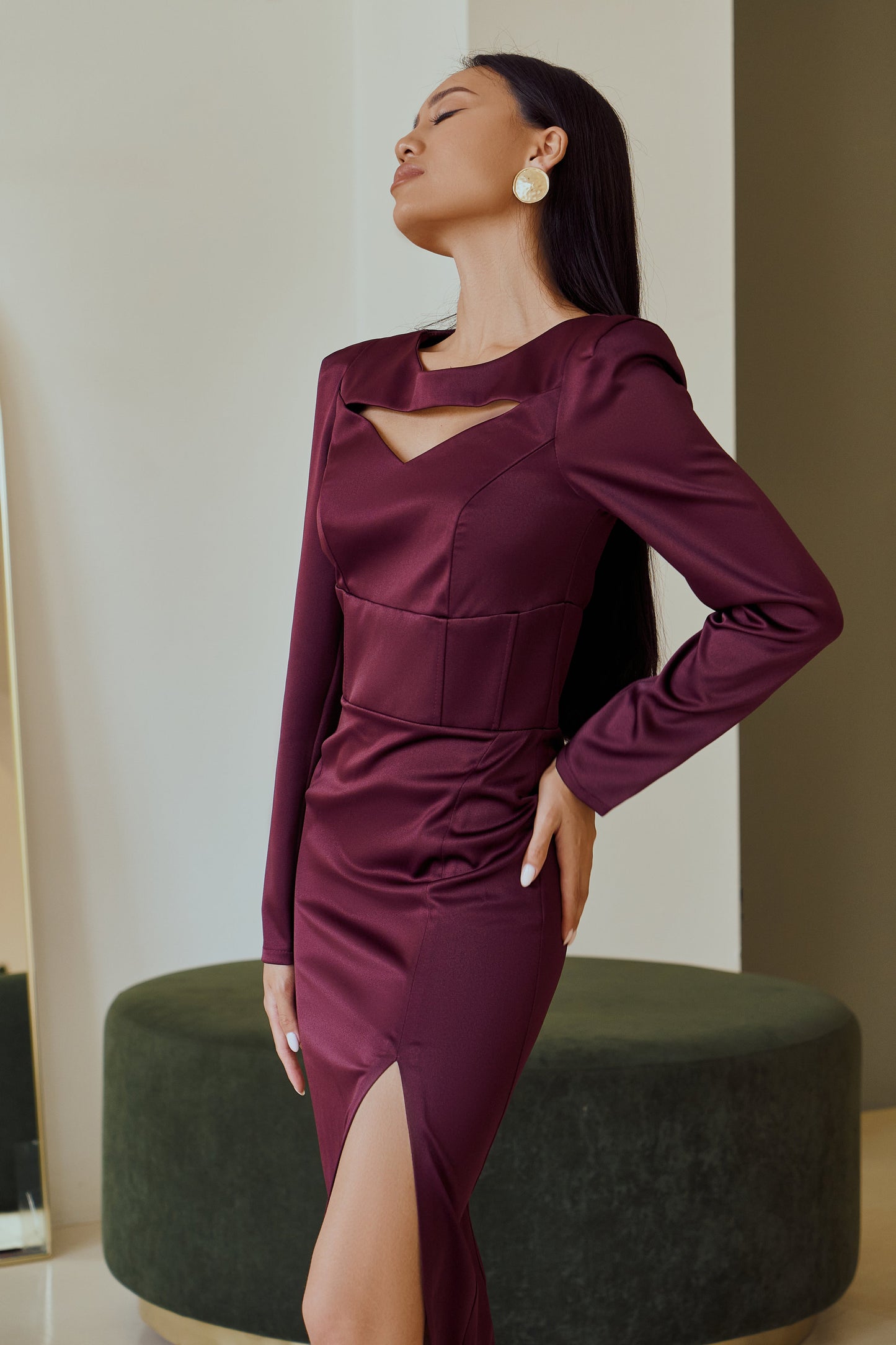 trinarosh Bordeaux Satin Long Sleeve Midi Dress