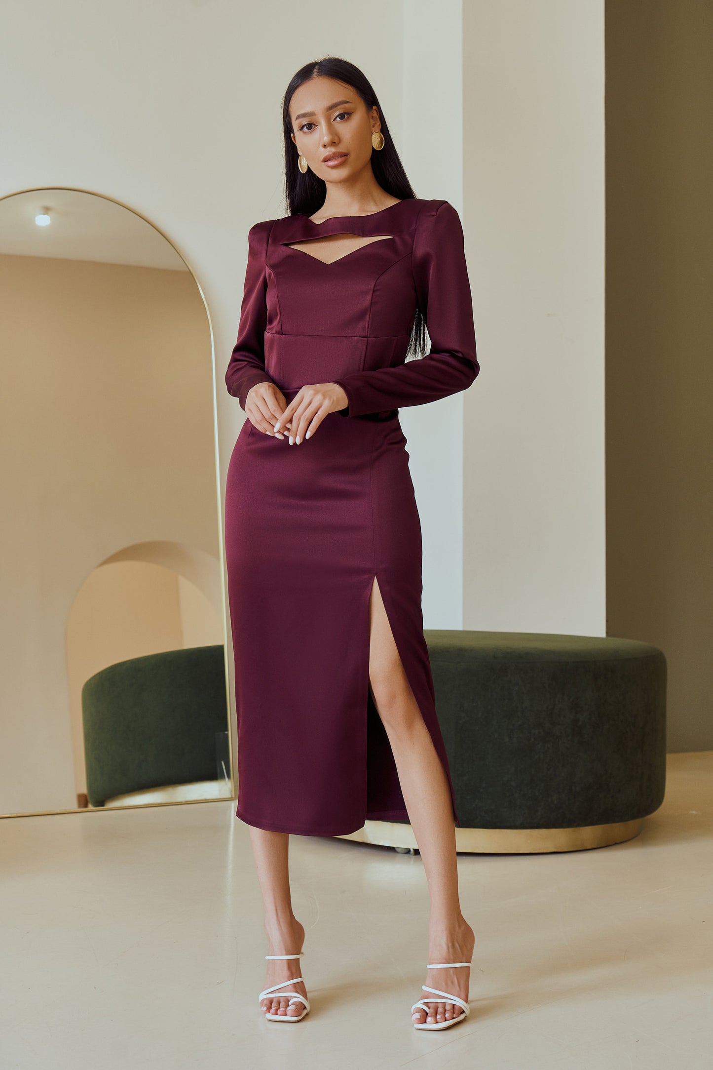 trinarosh Bordeaux Satin Long Sleeve Midi Dress