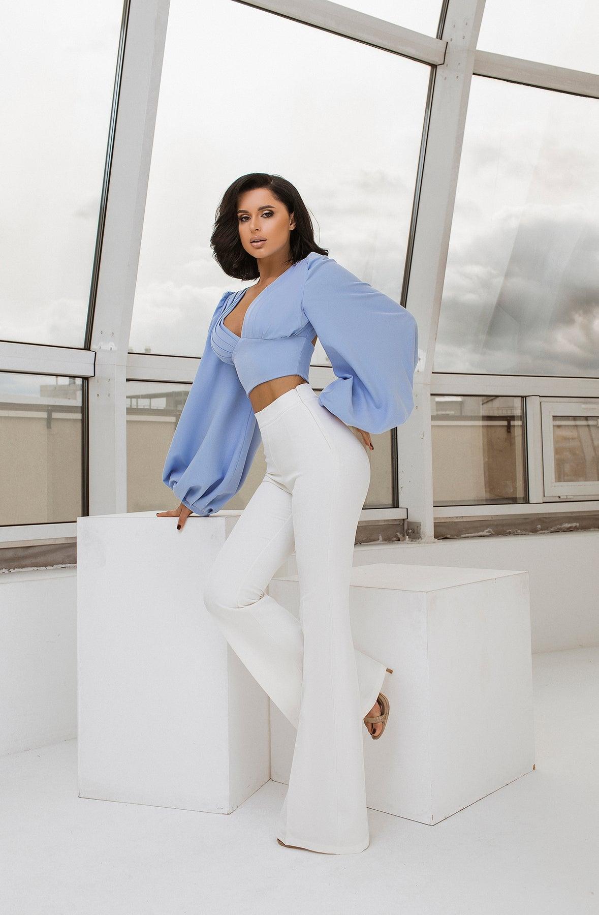 trinarosh Sky-Blue Puff Sleeve V-neck Blouse