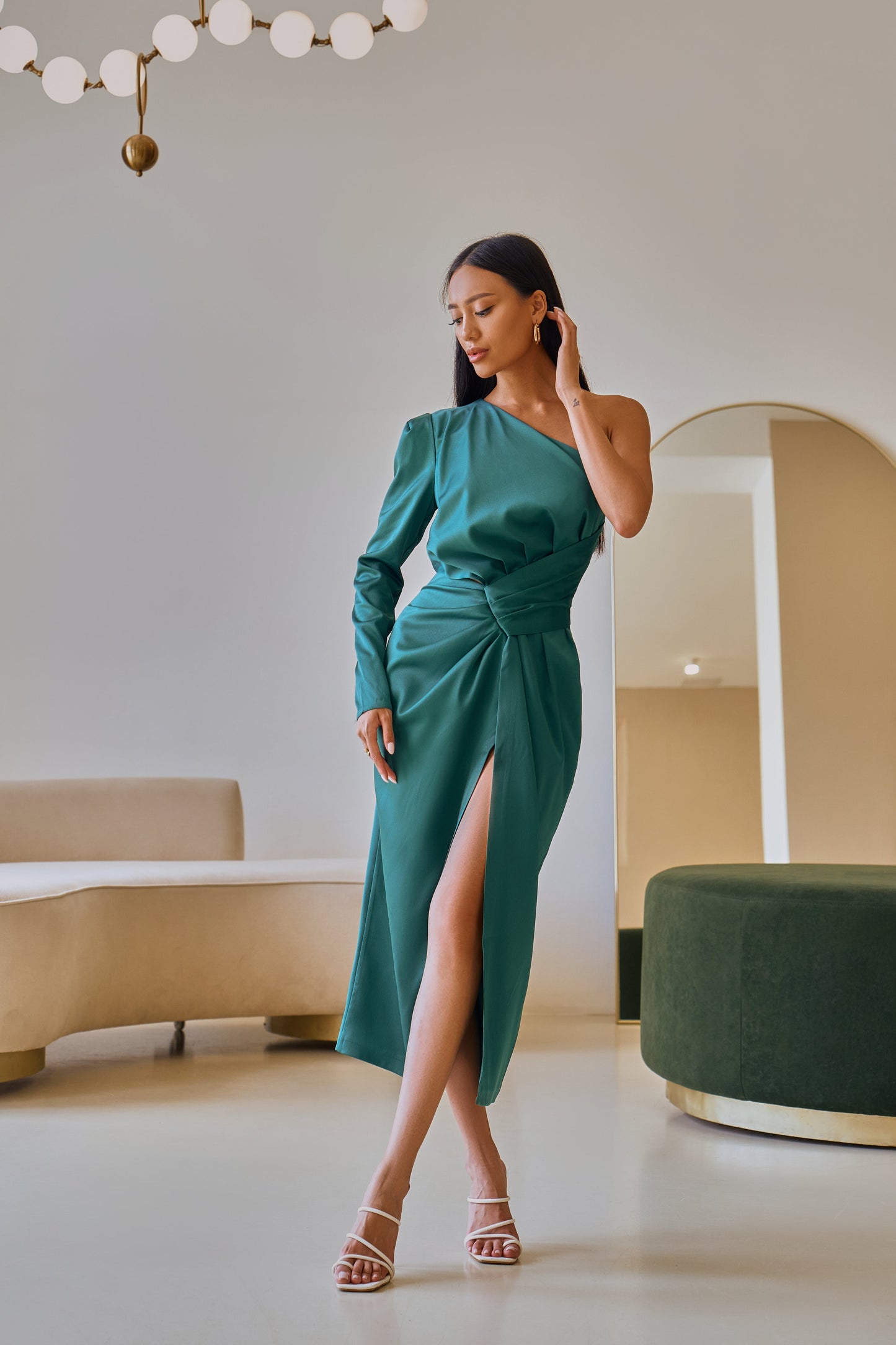 trinarosh Emerald Satin One-Shoulder Cut-Out Midi Dress