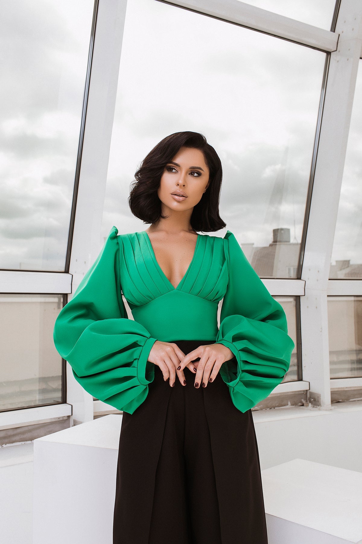 trinarosh Green Puff Sleeve V-neck Blouse