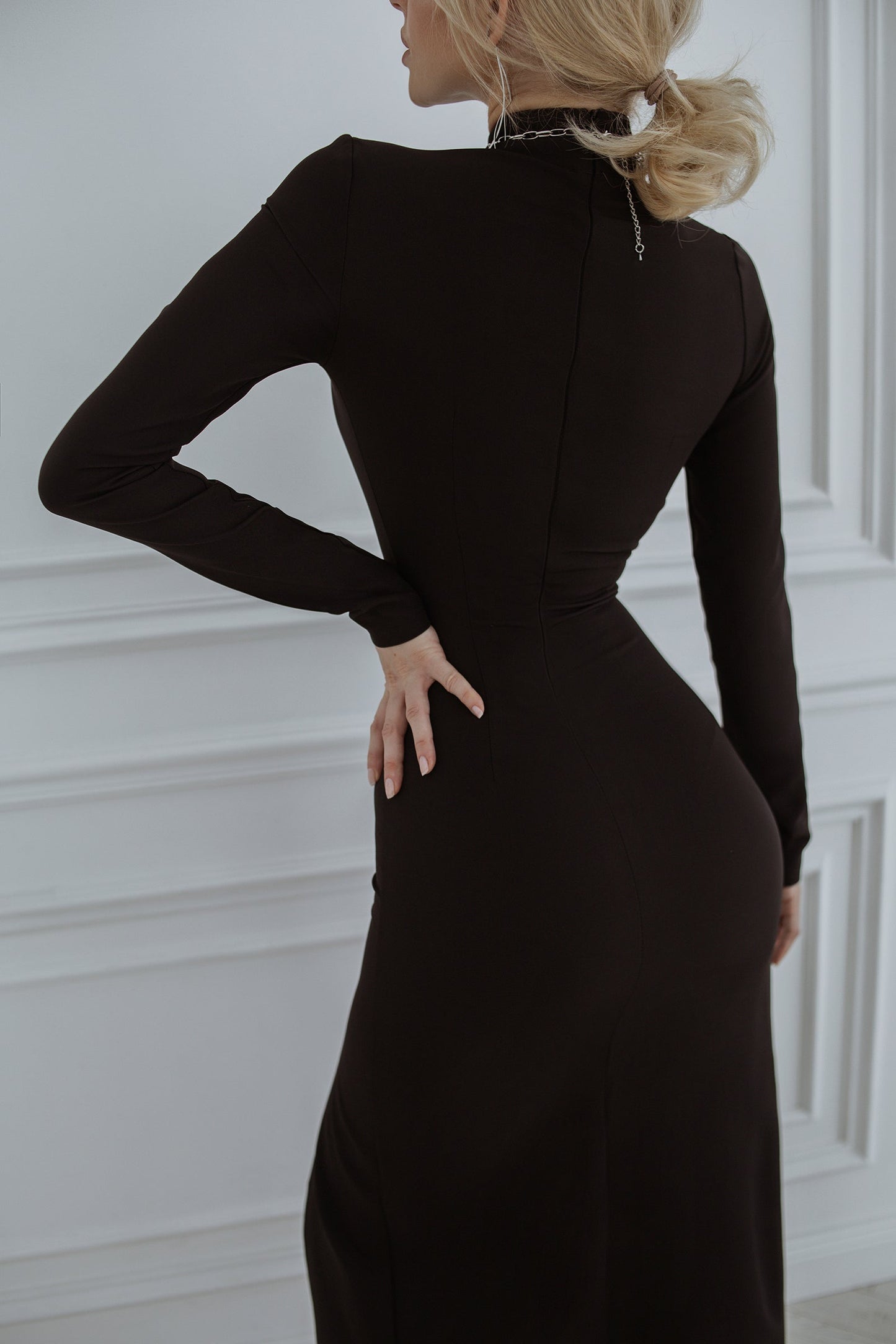 trinarosh Black High Neck Side-Slit Midi Dress